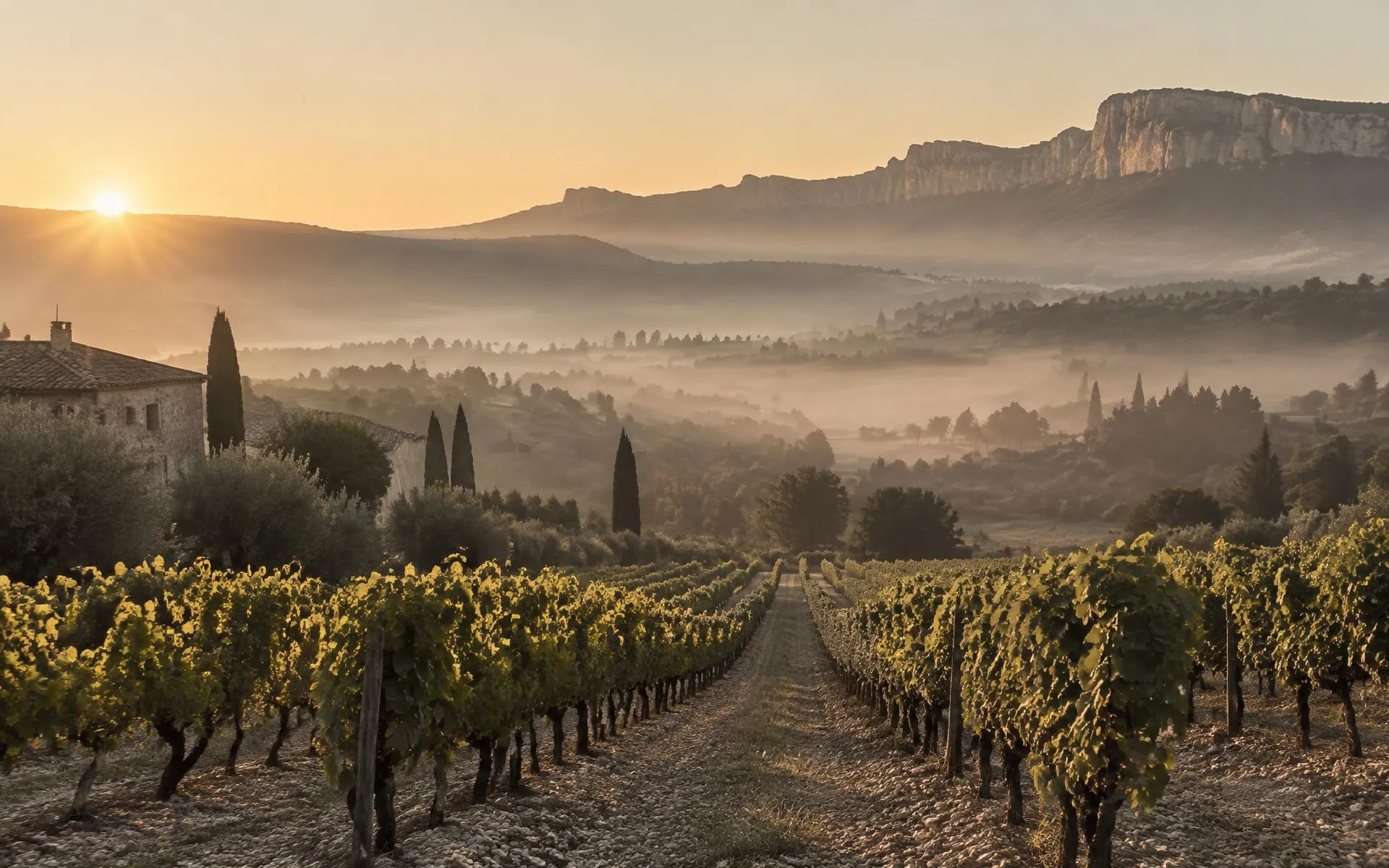 Vignes et oliviers du Domaine La Grillonne dans la lumière du matin